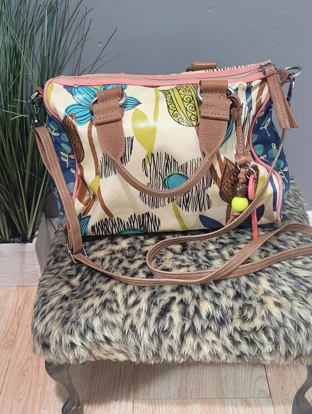 Vintage Fossil-Canvas Floral Coated Zip Shoulder/Crossbody Bag